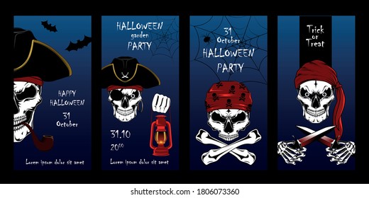 Set of vector cards for Halloween. Pirate skulls, pirate captain, motros. A set of elements for cards, banners, flyers, posters.