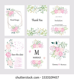 Set von Vektorillustrationen mit handgezeichneten Blumen, Blättern und geometrischen Formen. Botanisches Design für Banner, Hochzeit, Poster, Einladung, Cover, Plakat, Broschüre, Header.
