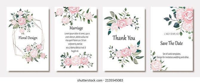 Set of vector cards with hand drawn flowers,leaves. Wedding concept. 