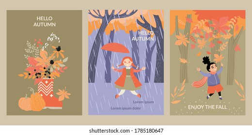 Set of vector cards with happy children having fun on the background of the autumn forest and a bouquet of red and orange leaves. Enjoy the fall. Illustration with cute characters in flat style