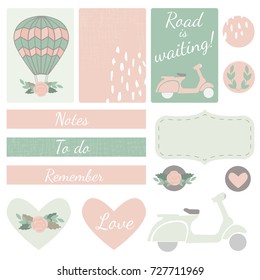Set of vector cards, hearts and stickers with air balloon, scooter and floral motifs in pink and green colors for event invitation template, weddings and save the date stationery or organizing planner