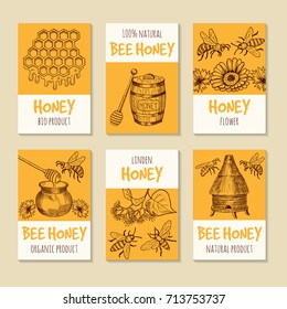 Set of vector cards for honey products. Healthy food symbols. Honey product banner collection illustration