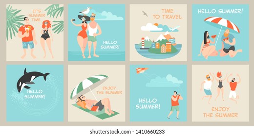 Set of vector cards with illustrations of cute cartoon characters enjoying summer. Summer design elements