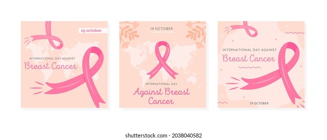 Set of vector cards for International Day Against Breast Cancer. Collection of square banner templates for mammary cancer campaign with pink cartoon ribbons and world map on background. Illustration.