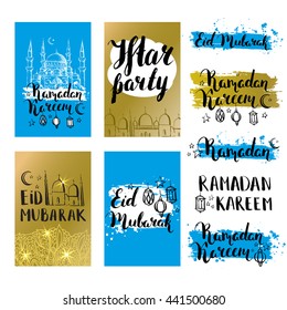 Set vector cards. Islamic holiday. Modern calligraphy and brush lettering. Hand drawn. Mosque and arabic lanterns. Ink handwritten inscriptions Ramadan Kareem, Eid Mubarak and Iftar party.