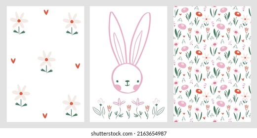 set of vector cards for kids with rabbit and floral patterns.Cute hare and floral summer or spring pattern. poster templates for printing in the nursery, for stationery and prints. cartoon style