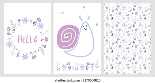 Set of vector cards for kids with snail and floral patterns. Cute snail and flowers for postcards. Poster templates for printing