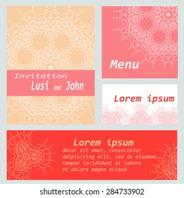 set of vector cards with lace ornaments for invitations, business cards, menus