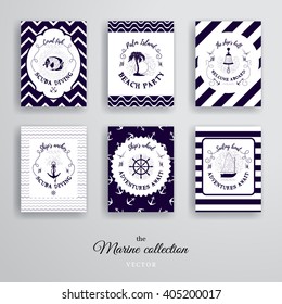 Set of vector cards with lettering and patterns in nautical style.