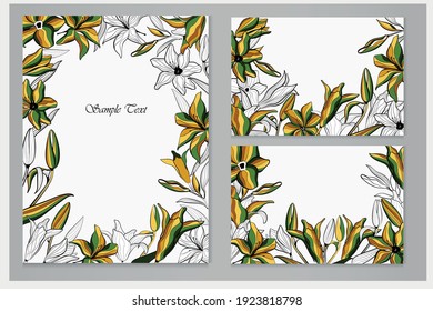 Set of vector cards with lilies on a white background. Line art. Multi-colored lilies.