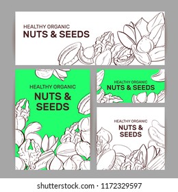 Set of vector cards with nuts and seeds. Vector illustration for your design. Pistachio, pecan, almond, hazelnut, walnut, seeds, cashew, peanuts, cedar, macadamia. Vector illustration.