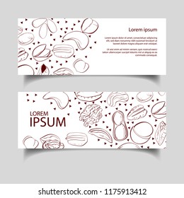 Set of vector cards with nuts and seeds. Vector illustration for your design. Pistachio, pecan, almond, hazelnut, walnut, seeds, cashew, peanuts, cedar, macadamia. Vector illustration.