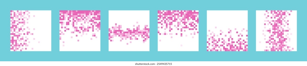 Set of vector cards with pink pixel gradation. Collection of images with raster pixelation effect. Trendy abstract backgrounds with halftone transition, Y2K retro design.