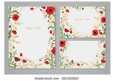 Set of vector cards with red poppy and golden plants on a gray background. Festive postcards.