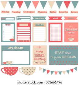 Set of vector cards for scrapbooking. Cards for journaling . Tags for scrapbooking. Motivational phrase. Cups for tea.