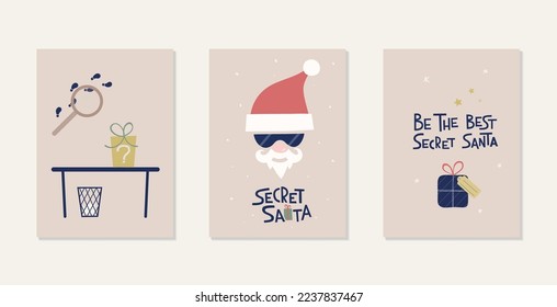 Set of vector cards Secret Santa. Templates for invite to christmas event, corporate, party, gift tag, message