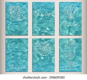Set of vector cards with shiny blue ocean realistic water with shells. Summer vector cards or invitation can be used for web design, summer posters, trip and vacations cards design.