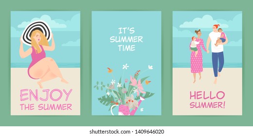 Set of vector cards with summer illustrations of cute character  and flowers. Elements for summer design