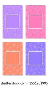 Set of vector cards - Template with elements of gift box, candies, cupcake, bows, abstract flowers and frames for text - Design for greeting card, poscard, flyer in romantic style