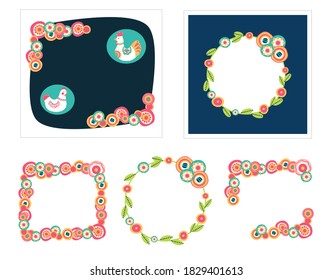 Set of vector cards templates, floral frames and boardes, template frames for invitation, greeting cards, wedding or birthday. Decorative holiday illustration for your text.  Bright Folk Ethnic style