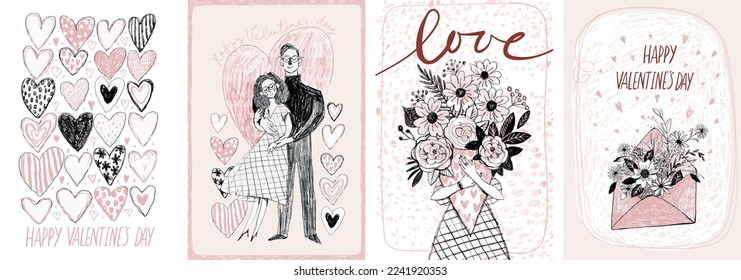 Set of vector cards for valentine's day. Couple in love, letter with flowers, heart symbol, romantic elements sketch doodle style. Hand drawn 14 february isolated set.
