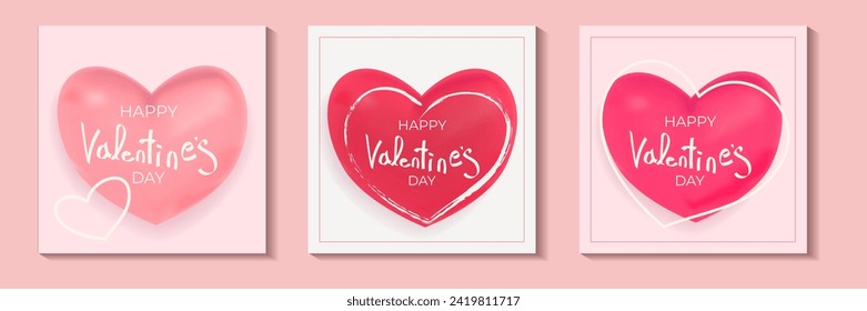 Set of vector cards for Valentine's day. Pastel pink and red soft 3D heart shape frame design and lettering with congrats. Simple, minimalistic, holiday cards.