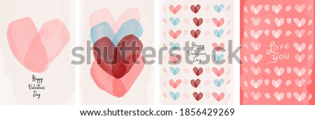 Set of vector cards for Valentine's day. Watercolor hearts drawn by a brush. Simple, minimalistic, holiday cards.