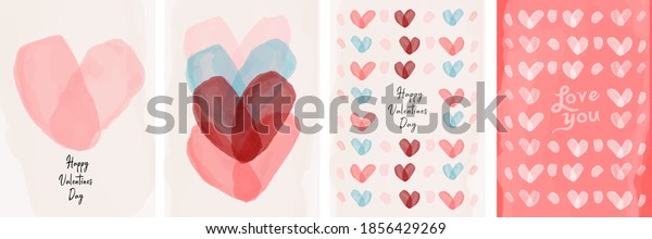 Set of vector\
cards for Valentine\'s day. Watercolor hearts drawn by a brush.\
Simple, minimalistic, holiday\
cards.