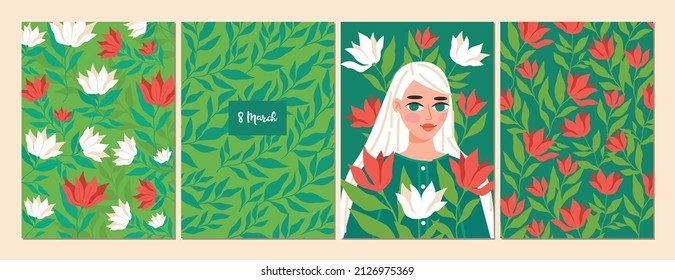 Set of vector cards with  women and flowers.  International Women's Day. Vector illustration. Templates for a postcard, poster, souvenir.
