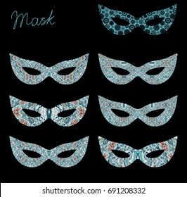 Set of vector carnival masks with geometric ornament, isolated  on dark  background