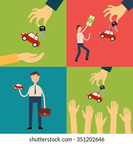 Set of vector cars sale images in flat style. The seller and buyers of cars. Demand and supply 
