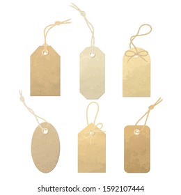 Set of vector carton labels with various linen string tying. Tags tied with knots and bows of realistic, detailed linen thread material.