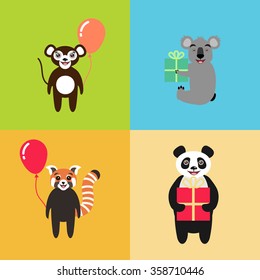 Set of vector cartoon animal characters. Children illustration. Monkey, koala, panda, red panda. Wild animals. Vector illustration.