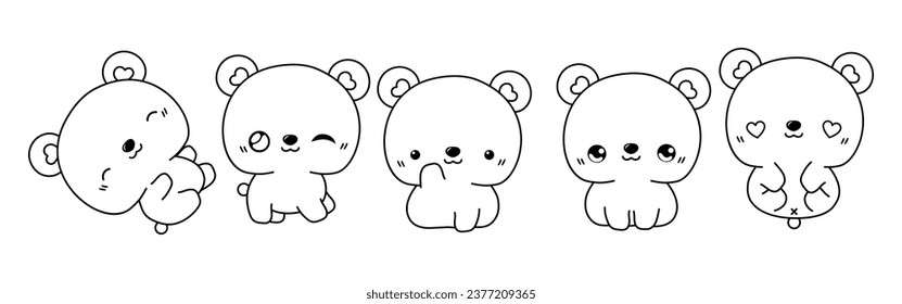 Set of Vector Cartoon Animal Coloring Page. Collection of Kawaii Isolated Bear Outline for Stickers, Baby Shower, Coloring Book, Prints for Clothes. 