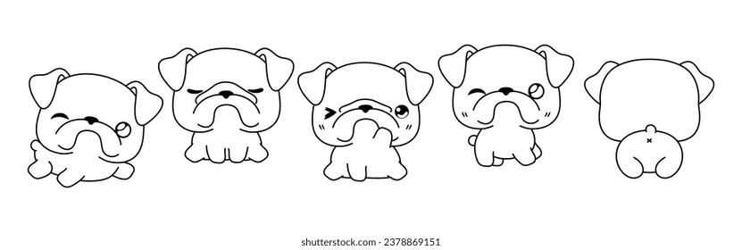 Set of Vector Cartoon Animal Coloring Page. Collection of Kawaii Isolated Bulldog Dog Outline for Stickers, Baby Shower, Coloring Book, Prints for Clothes. 