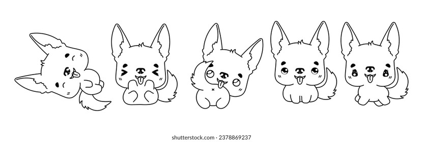 Set of Vector Cartoon Animal Coloring Page. Collection of Kawaii Isolated German Shepherd Dog Outline for Stickers, Baby Shower, Coloring Book, Prints for Clothes. 