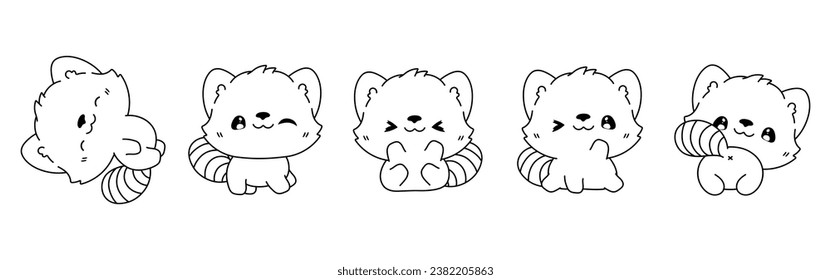 Set of Vector Cartoon Animal Coloring Page. Collection of Kawaii Isolated Red Panda Outline for Stickers, Baby Shower, Coloring Book, Prints for Clothes. 