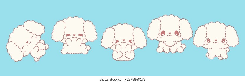 Set of Vector Cartoon Animal Illustrations. Collection of Kawaii Isolated Poodle Dog Art for Stickers, Prints for Clothes, Baby Shower, Coloring Pages. 