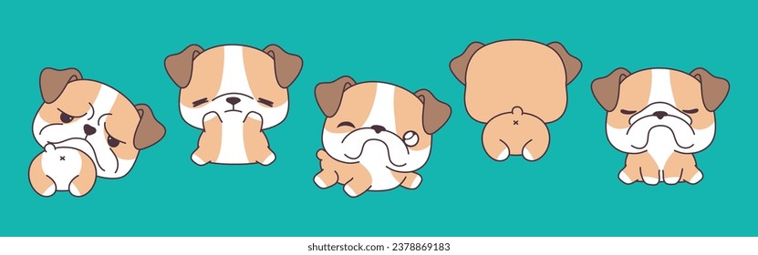 Set of Vector Cartoon Animal Illustrations. Collection of Kawaii Isolated Bulldog Dog Art for Stickers, Prints for Clothes, Baby Shower, Coloring Pages. 