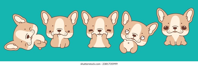 Set of Vector Cartoon Animal Illustrations. Collection of Kawaii Isolated French Bulldog Dog Art for Stickers, Prints for Clothes, Baby Shower, Coloring Pages. 