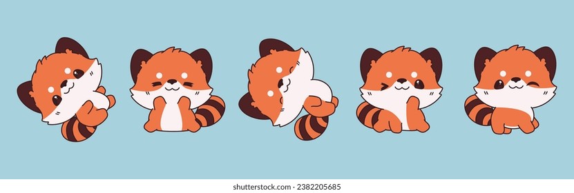 Set of Vector Cartoon Animal Illustrations. Collection of Kawaii Isolated Red Panda Art for Stickers, Prints for Clothes, Baby Shower, Coloring Pages. 