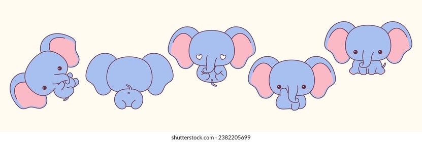 Set of Vector Cartoon Animal Illustrations. Collection of Kawaii Isolated Baby Elephant Art for Stickers, Prints for Clothes, Baby Shower, Coloring Pages. 