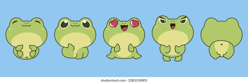 Set of Vector Cartoon Animal Illustrations. Collection of Kawaii Isolated Frog Art for Stickers, Prints for Clothes, Baby Shower, Coloring Pages. 