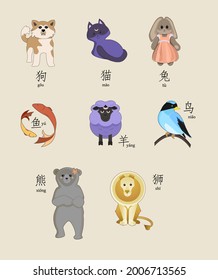 Set of vector cartoon animals poster for learning Chinese with captions and hieroglyphs