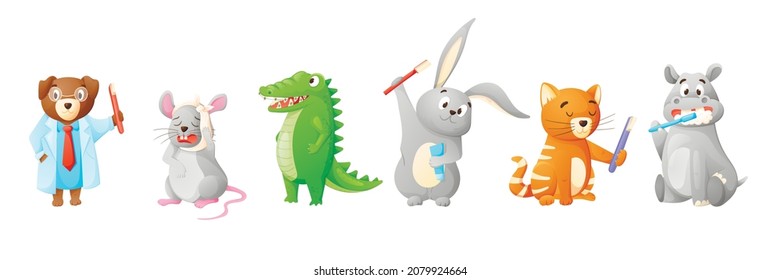 Set of vector cartoon animals with toothbrushes, toothpaste and dental braces. Dental treatment concept, dentis and toothache.