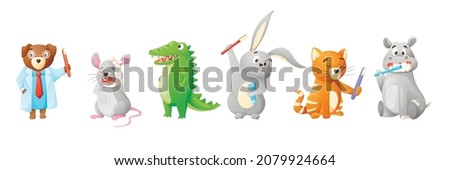 Set of vector cartoon animals with toothbrushes, toothpaste and dental braces. Dental treatment concept, dentis and toothache.