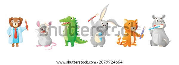 Set of vector cartoon animals with\
toothbrushes, toothpaste and dental braces. Dental treatment\
concept, dentis and\
toothache.