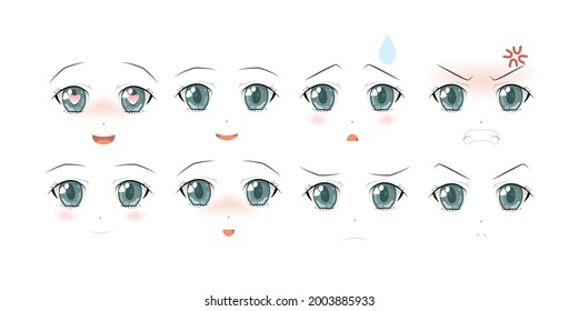 Set of Vector Cartoon Anime Style Expressions. Anime girl in japanese. Anime style, drawn vector illustration. Sketch.