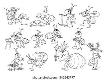 A set of vector cartoon ants illustrations with line drawing.
