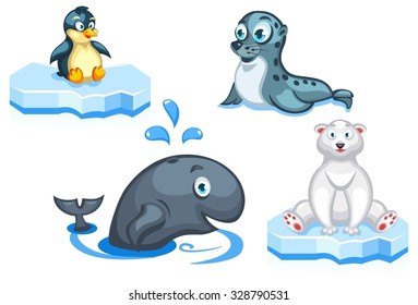 Set of vector cartoon arctic animals: a navy seal, a polar bear, a whale and a penguin